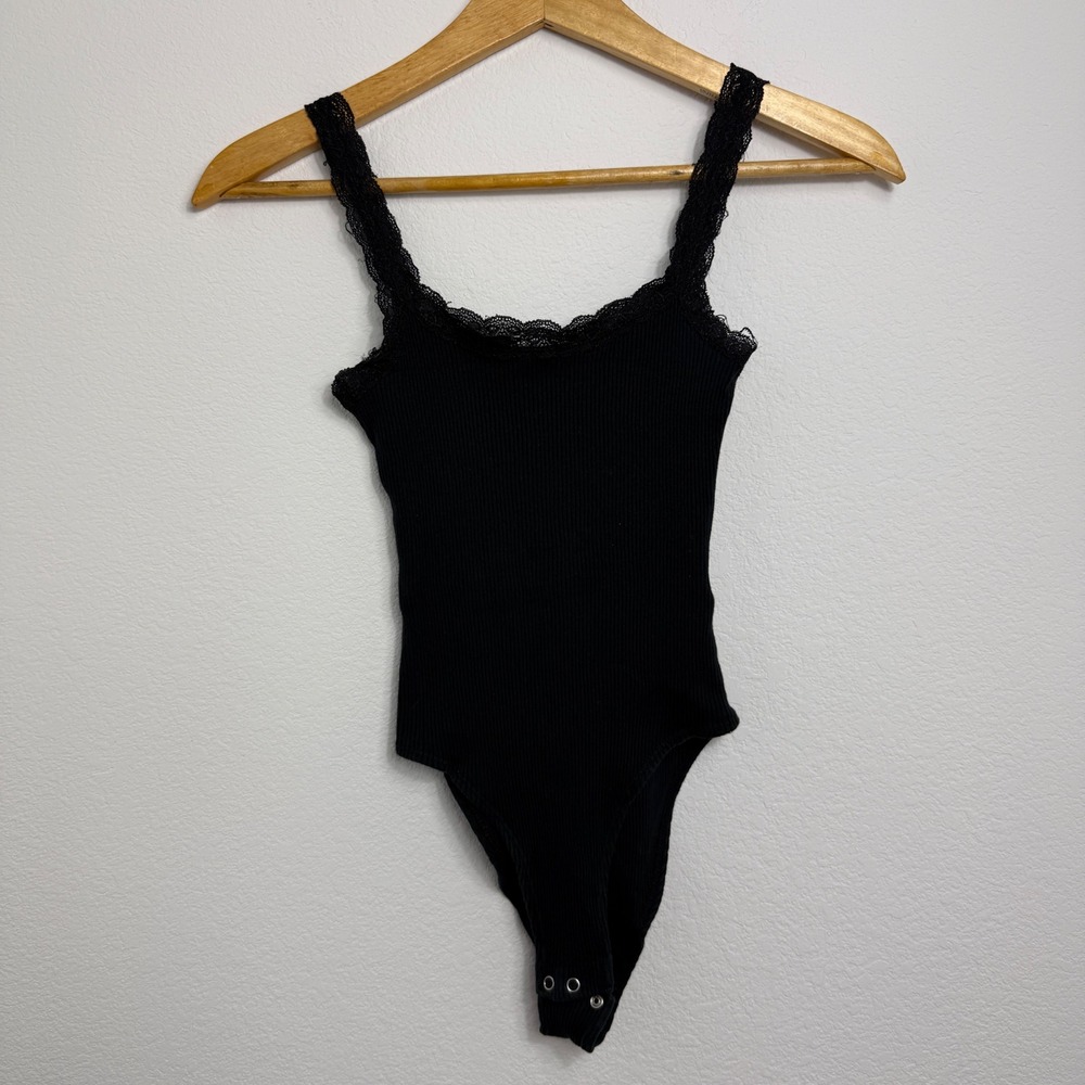 Topshop Bodysuit Black Ribbed Lace Trim Coquette Balletcore US 4